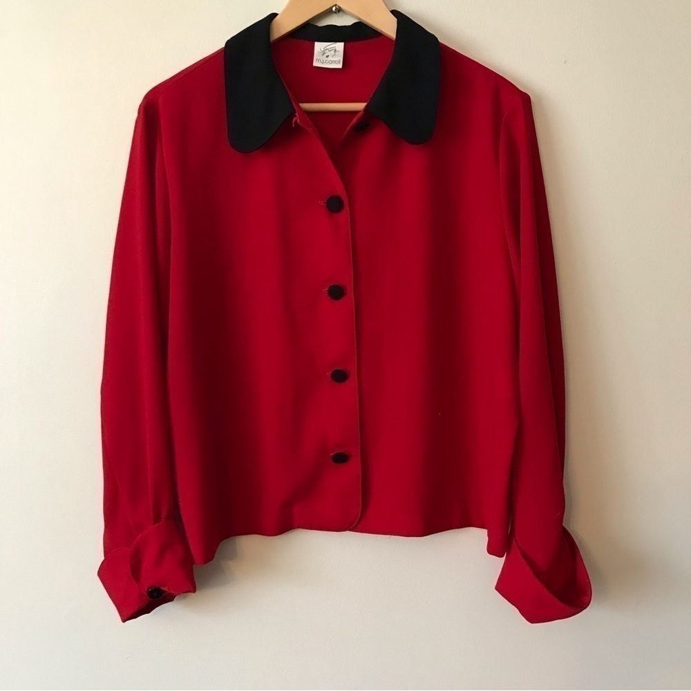Vintage red and black mj carroll red and black blouse top womens large